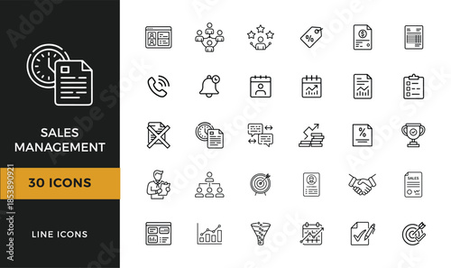 Sales management thin line icons set of business crm analytics and business deal process symbols