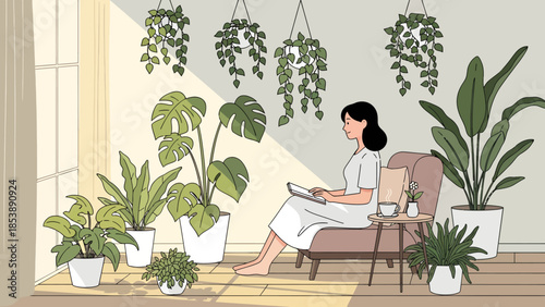Woman reading a book surrounded by houseplants.
