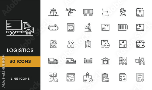 Logistics thin line icons set of shipping delivery transportation and supply chain symbols