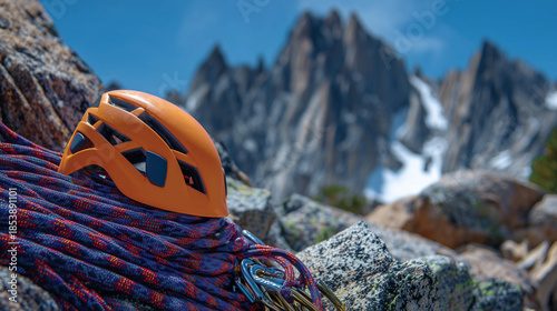 Close-up of an orange climbing helmet resting on rugged grey rocks, blue and red climbing ropes coiled beside it, metal carabiners catching sunlight, mountain sport safety gear rea