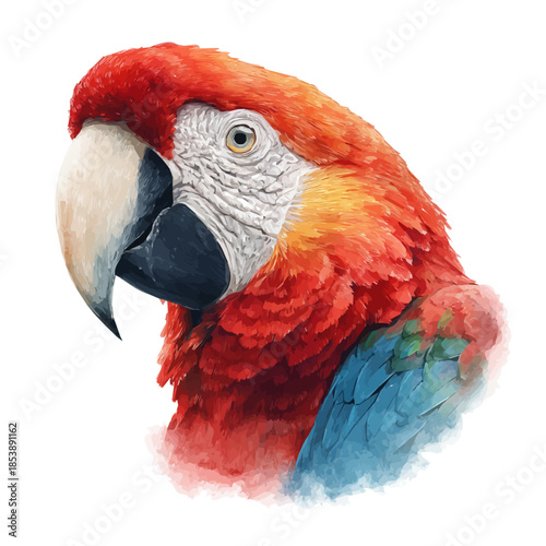 Macaw Head in watercolor painting style, vector illustration on white background.