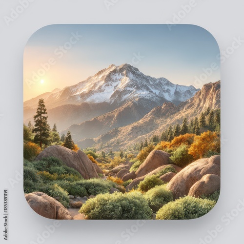 Majestic snowcapped peak rises above rocky slopes and lush autumn foliage at sunrise, creating an inspiring landscape ideal for outdoor brands and nature campaigns.