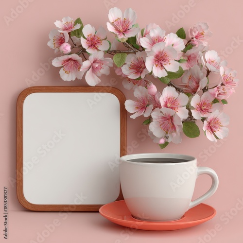 Cozy pastel composition featuring a white coffee cup, empty wooden frame, and pink spring blossoms, perfect for invitations, branding mockups, and lifestyle promotions.