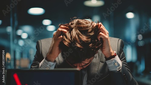 Stress and Strain: a Person Grappling with Work-related Challenges, person experiencing intense pressure at his work station, hunched over his work and trying to deal with stress and mental strain.
