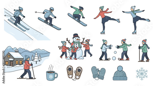 People enjoying winter sports and activities in snowy landscape