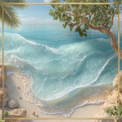 Top-down coastal vista of foamy turquoise waves meeting sandy shore with rocks and lush trees, offering a refreshing, luxurious backdrop for travel and wellness visuals.