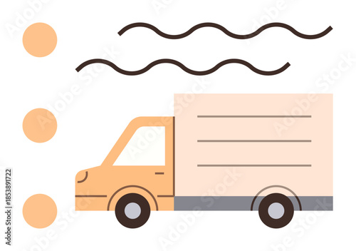 Minimal flat design delivery truck with motion lines and bulleted items symbolizing transportation, logistics, supply chain, shipping, distribution, courier, delivery services. Ideal for business