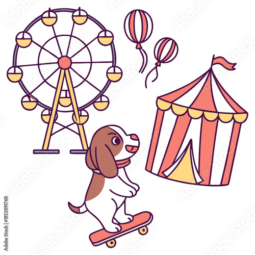 Delightful Curious American Water Spaniel in a Carnival Nights scene with riding a skateboard – Carnival Nights vector illustration