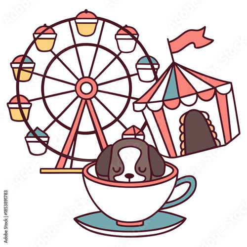 Vector illustration of a Sleepy American Water Spaniel with in a teacup, styled in a Carnival Nights theme using Carnival Nights colors