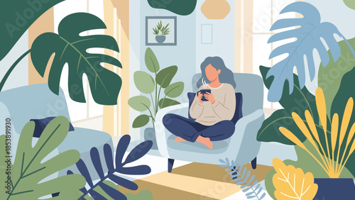 Woman Relaxing Indoors with a Drink.