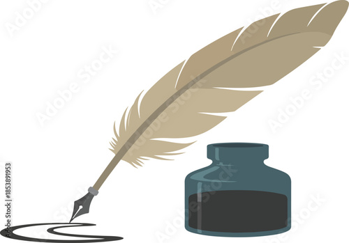 Classic Illustration of a Feather Quill Pen Dipped in a Glass Inkwell with Elegant Black Ink Strokes