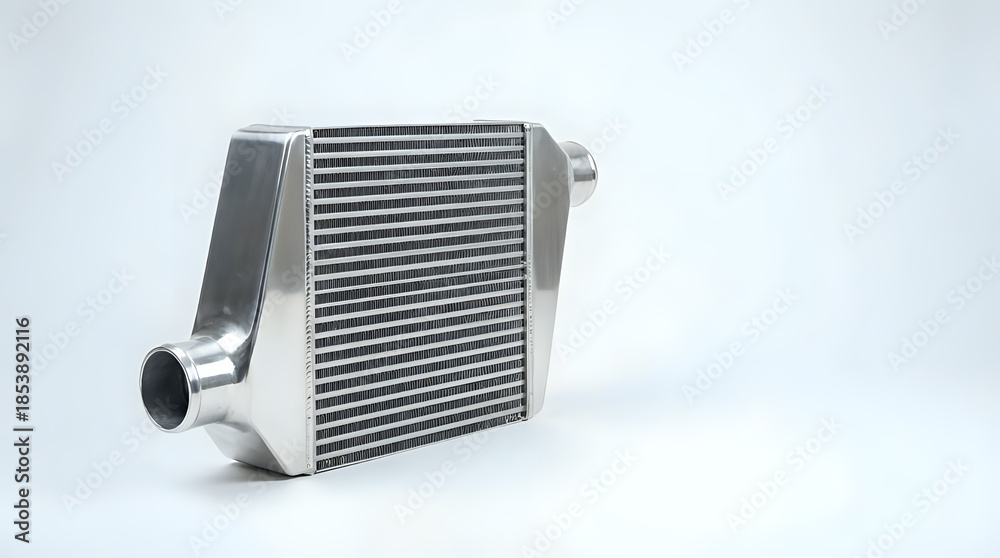 Fototapeta premium close up of a shiny aluminum intercooler core for turbocharged performance automotive cooling