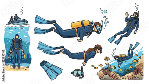 Scuba divers exploring vibrant coral reef with schools of fish