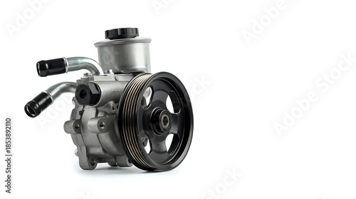 New automotive power steering pump replacement part isolated on a clean white background