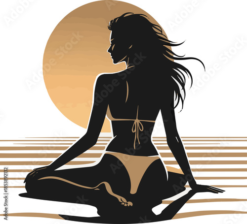 Create a realistic Cut out backlit woman in a bikini sitting on the beach in a yoga pose vector art with white background.