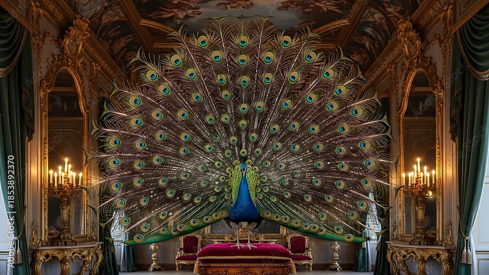 Obraz premium 優雅な孔雀は壮大な宮殿の背景に堂々と羽を広げる