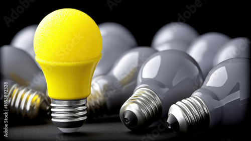 Yellow light bulb creativity leadership innovation standing out individuality contrast gray light bulb uniqueness concept