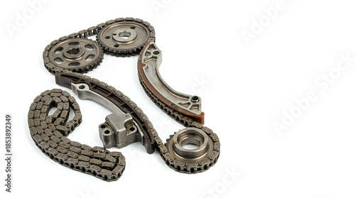 Complete automotive timing chain kit components including sprockets and tensioners isolated on white
