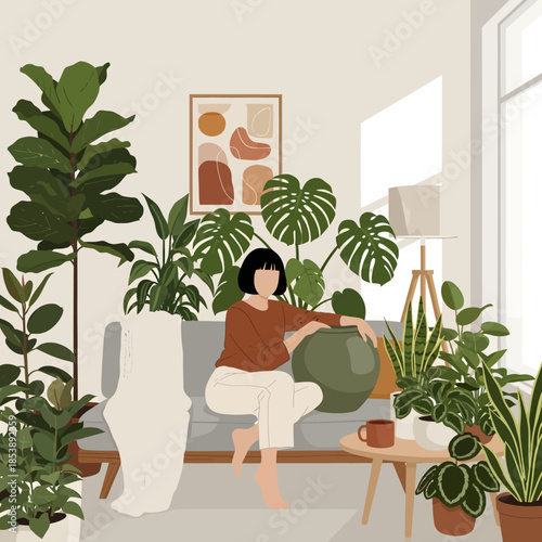Woman relaxing on a sofa surrounded by various houseplants.