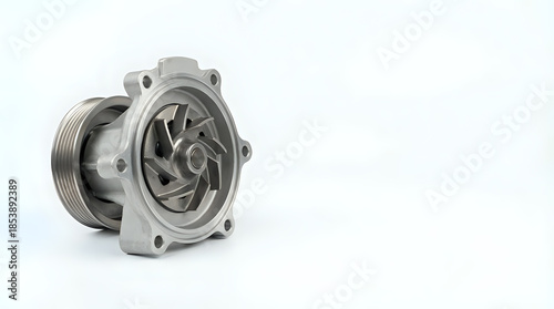 Precision automotive water pump component with pulley, isolated on a clean white background