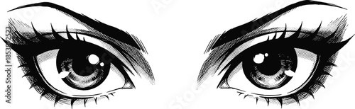Beautiful manga anime eyes illustration with long eyelashes, hand drawn sketch style isolated on white background, vector comic art design.