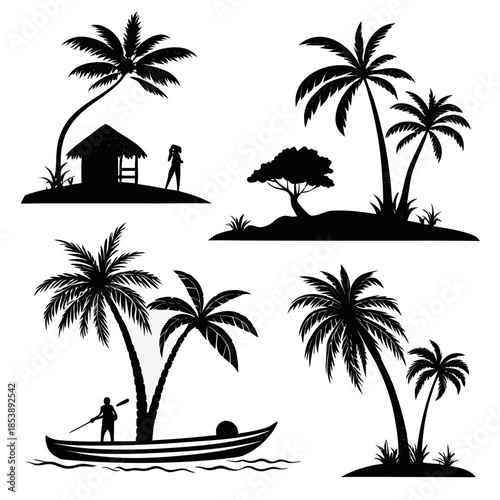 Silhouettes of tropical islands with palm trees