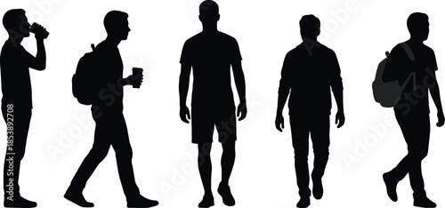 Black male silhouettes set of men walking, standing, drinking coffee and carrying backpacks isolated on white background vector design elements.