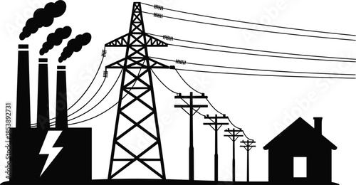 Industrial Power Generation and Distribution Silhouette with Factory and House untitled