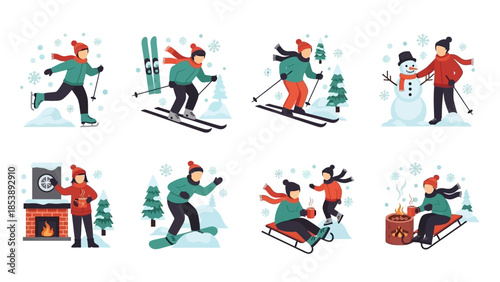 People enjoying winter activities like skiing and sledding