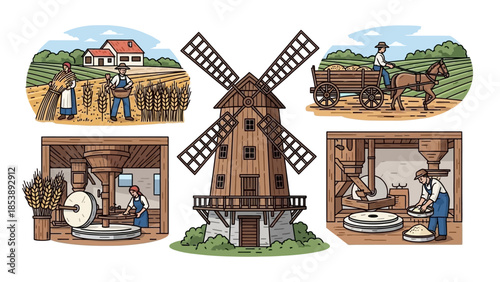 Vintage farm scene with windmill and farmers working in fields