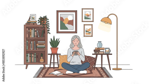 Woman sitting comfortably indoors holding a cup.