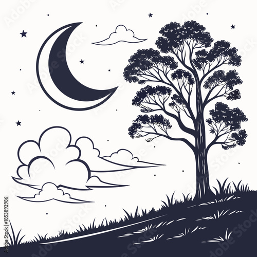 Nighttime landscape with crescent moon