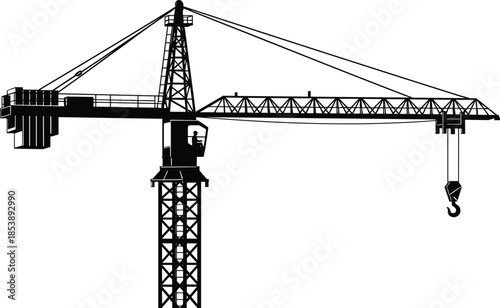 Black silhouette of a tall tower crane on a construction site, industrial heavy machinery for building development, isolated on white.