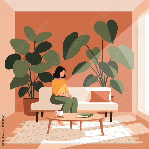 Woman sitting on a sofa surrounded by plants.