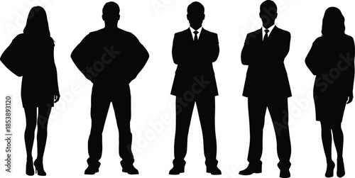 Black silhouette set of confident business men and women standing with arms crossed, professional corporate team isolated on white background.