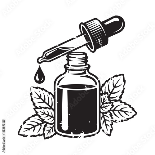 A vintage style illustration of a dropper bottle with mint leaves
