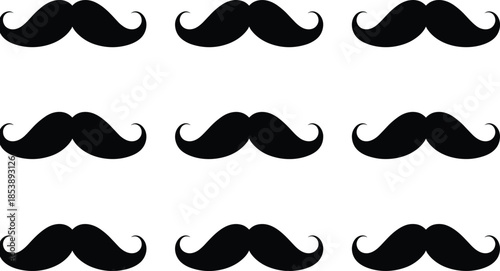 Black silhouette set of classic handlebar moustaches, vintage facial hair styles for men, grooming icons isolated on white background, vector.