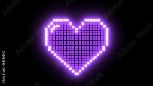 A pixelated heart glows purple against a dark background, symbolizing love and technology in a digital art form.
