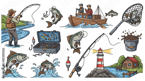 Vibrant fishing themed illustrations for commercial use