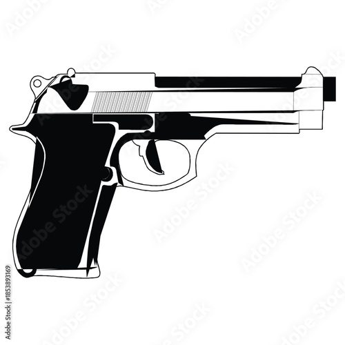 Stylized Handgun Illustration – Black and White Semi-Automatic Pistol Design