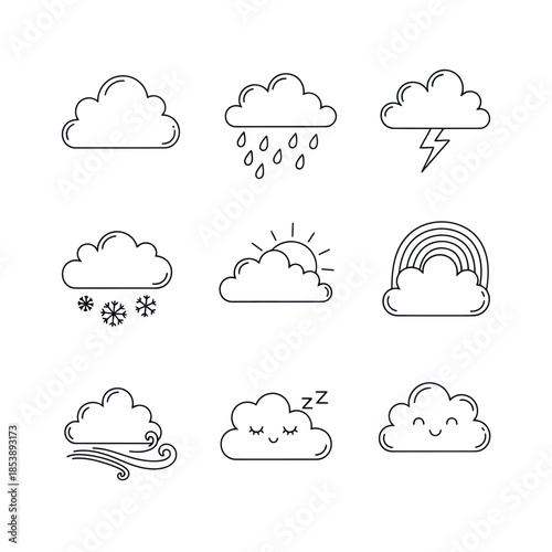Weather Icons Set with Clouds Rain Sun and Rainbow.