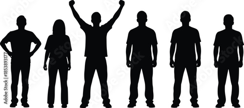Black silhouette set of diverse people standing together, group with one man raising arms in victory, professional teamwork success concept.