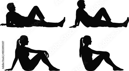Black silhouette silhouette set of men and women reclining and sitting in relaxed poses, isolated on white background for vector design.