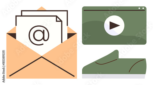 Open envelope with email icon, green video player window, casual green shoe. Ideal for digital communication, content creation, online shopping, marketing, e-learning branding modern design. Simple