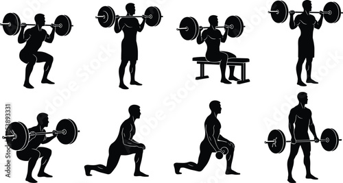 Black silhouette set of muscular men performing weightlifting exercises with barbells and dumbbells, strength training fitness poses isolated on white.