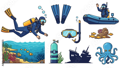 Scuba diver exploring vibrant underwater ocean scene with fish and coral