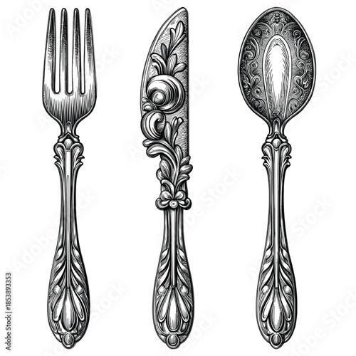 Vintage Ornate Silverware Set – Engraved Fork, Knife, Spoon Design