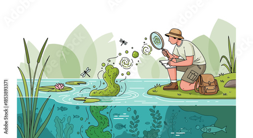 Exploring the microscopic world: a naturalist observes aquatic life with a magnifying glass