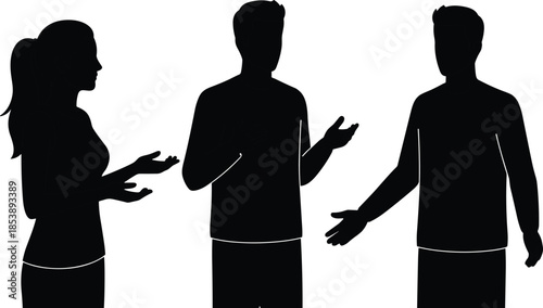 Black silhouette set of people talking and gesturing, man and woman in conversation with expressive hand movements, isolated on white.