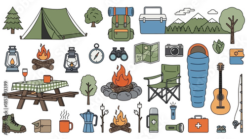 Vibrant camping icons for adventure and outdoor activities